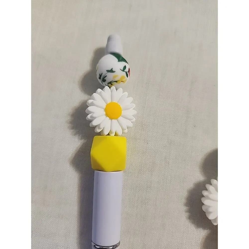 Bead Pen & Cup Charm Matching Combo Floral Daisies Yellow & White Silicone
